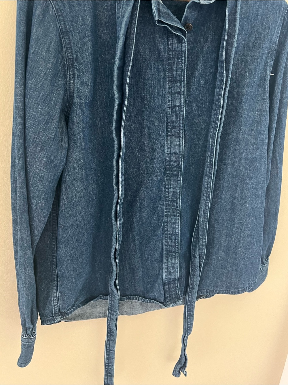 Madewell Tie-Neck Chambray Denim Button-Down Shirt Blouse Medium Blue Stretch - Picture 6 of 14